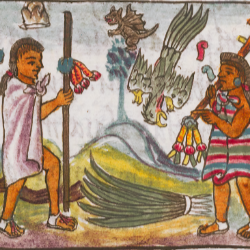 Two figures with staffs beside a large bird in a historical manuscript illustration.